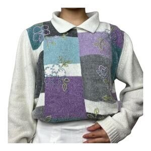 Alfred Dunner Chenille Sweater Floral Patchwork Grandma Size Large